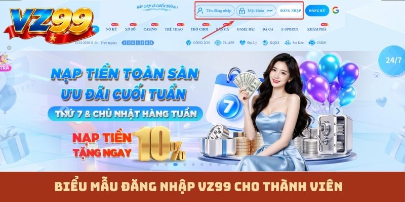Biểu mẫu đăng nhập VZ99 cho thành viên