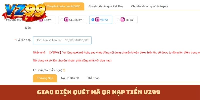 Giao diện quét mã QR nạp tiền VZ99